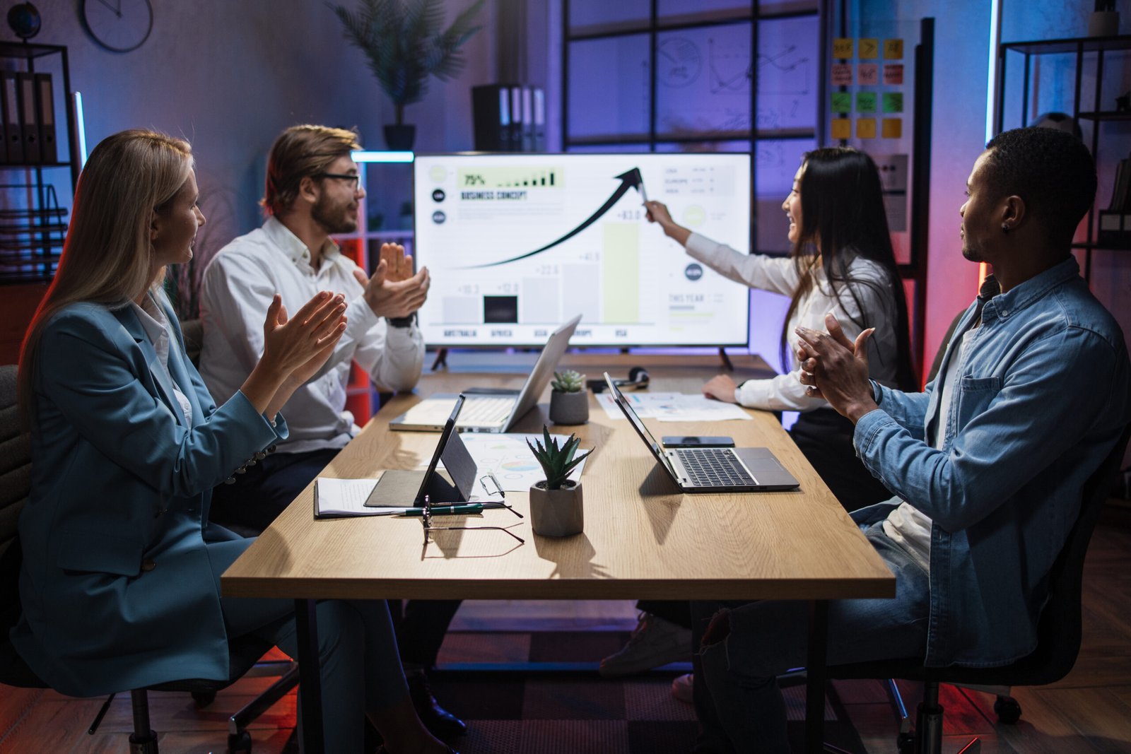 Asian woman showing financial report for colleagues